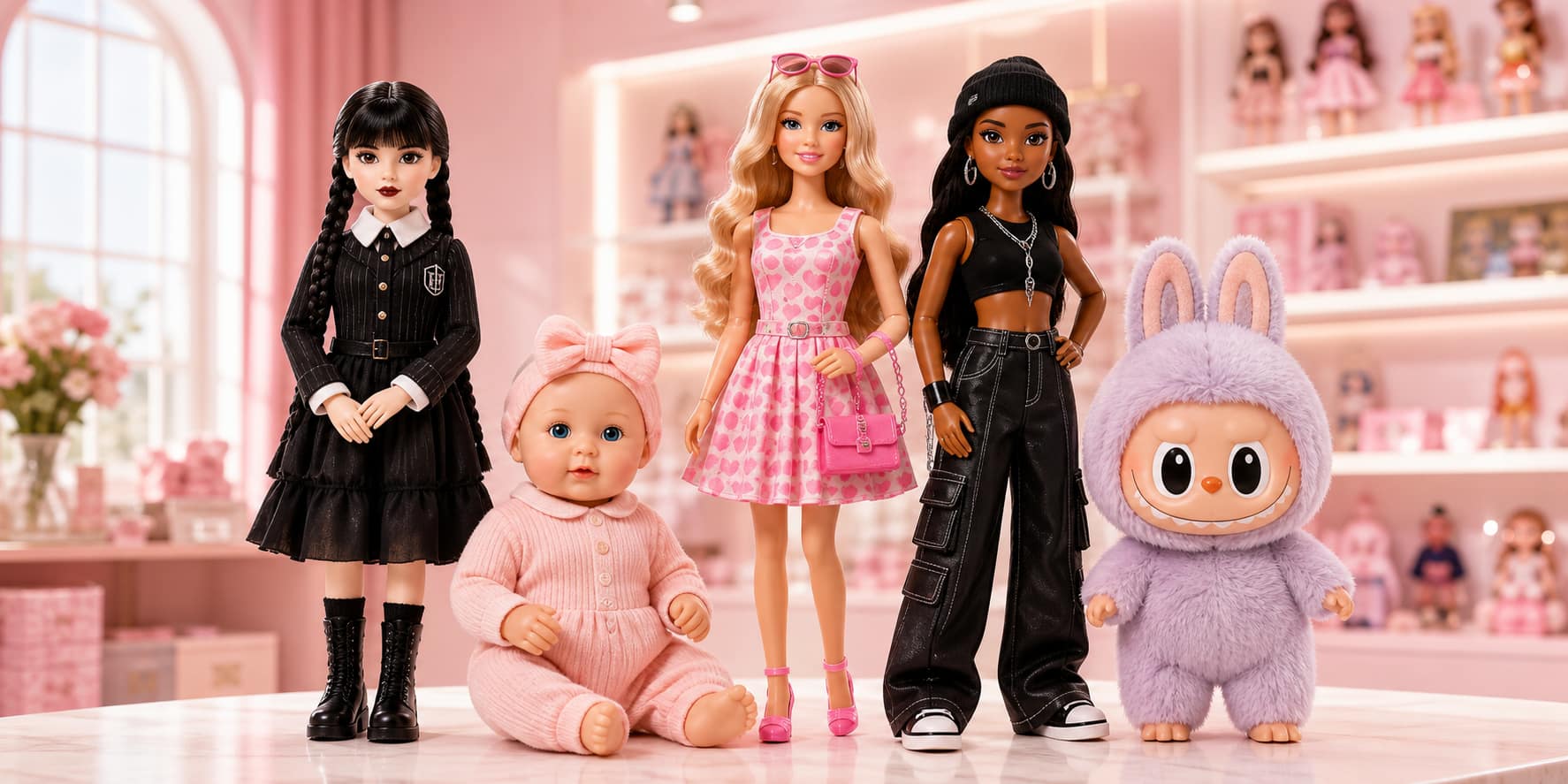 Collector dolls, baby doll, fashion dolls, and plush blind box collectible lineup in a pink boutique setting
